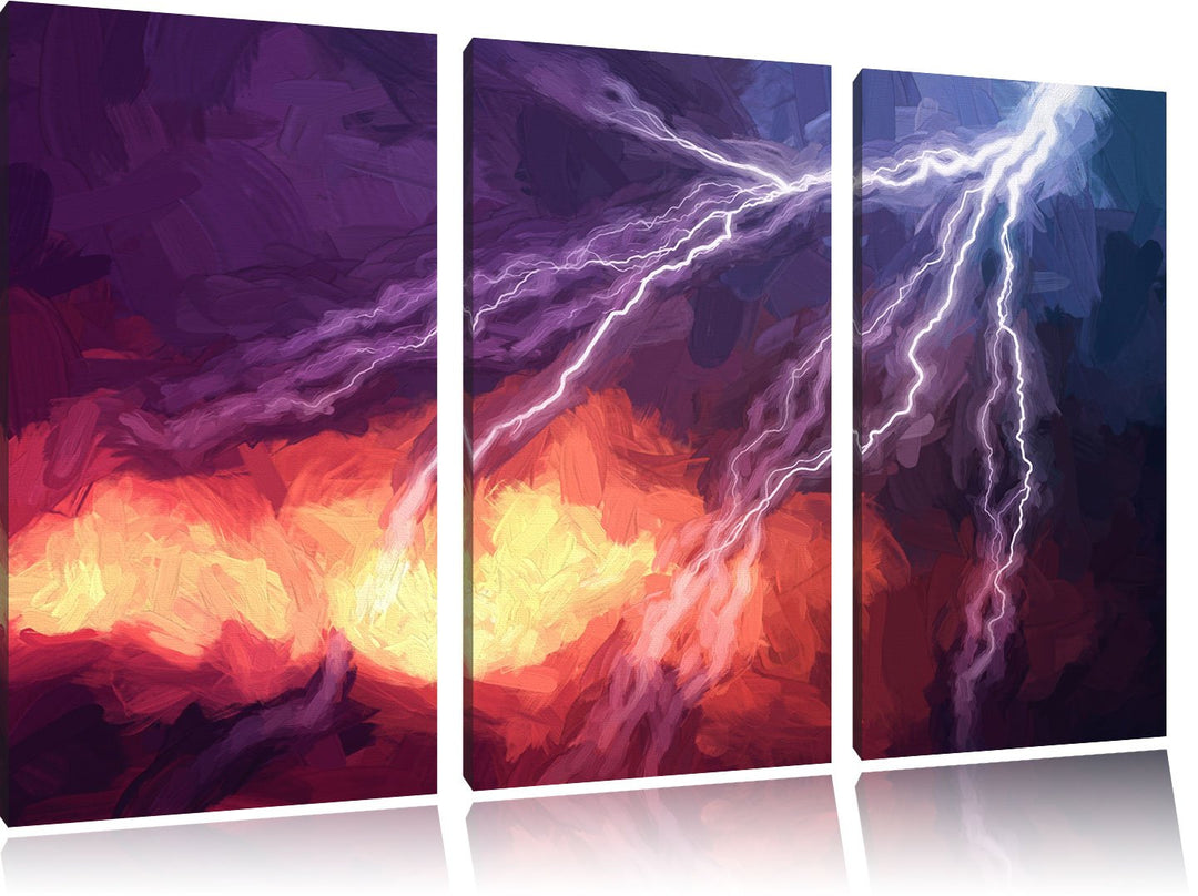 Pixxprint Blitze am Himmel Pinsel Effekt 3-Teiler Leinwandbild 120x80 Bild auf Leinwand