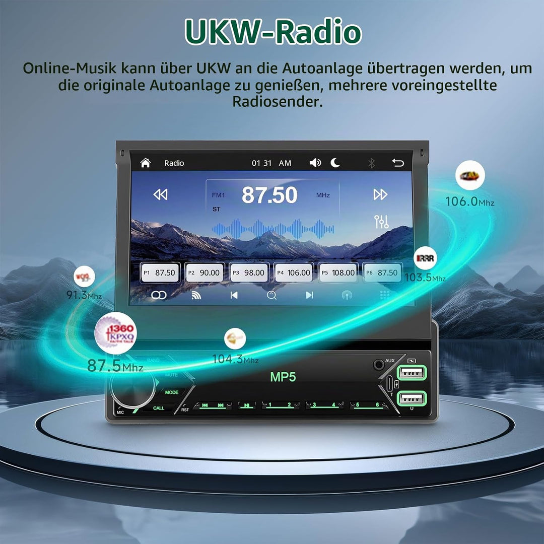 Autoradio 1 Din mit Drahtlos Carplay Android Auto, 7 Zoll IPS HD Manueller Flip Touchscreen Autoradi