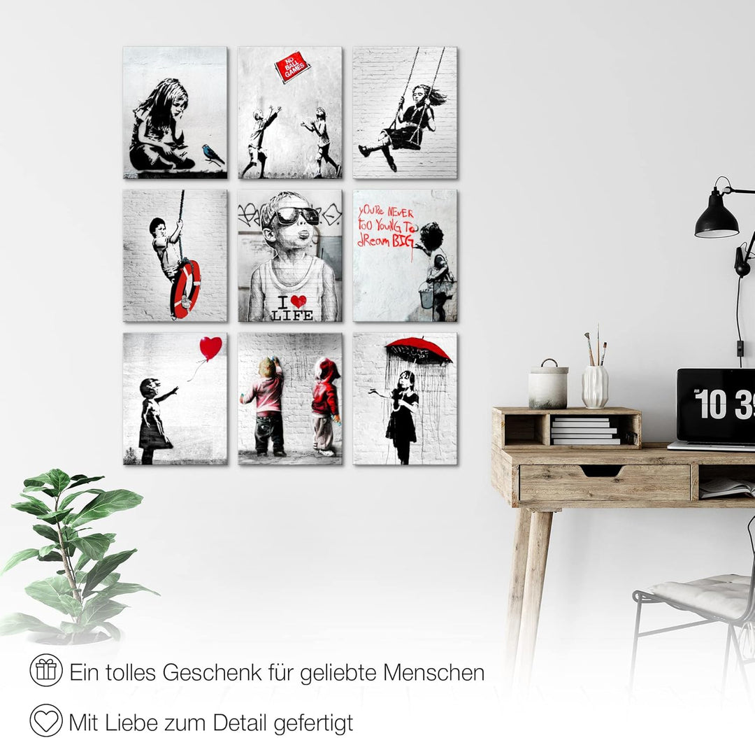 Novart Wandbilder Banksy - KOMPLETT AUFHÄNGFERTIG - Collage Loft Wohnzimmer- 9 Moderne Bilder Set -
