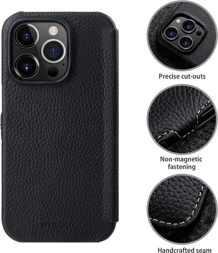 STILGUT Book Case kompatibel mit iPhone 14 Pro (6.1“) Hülle aus Leder mit Clip-Verschluss, Klapphüll