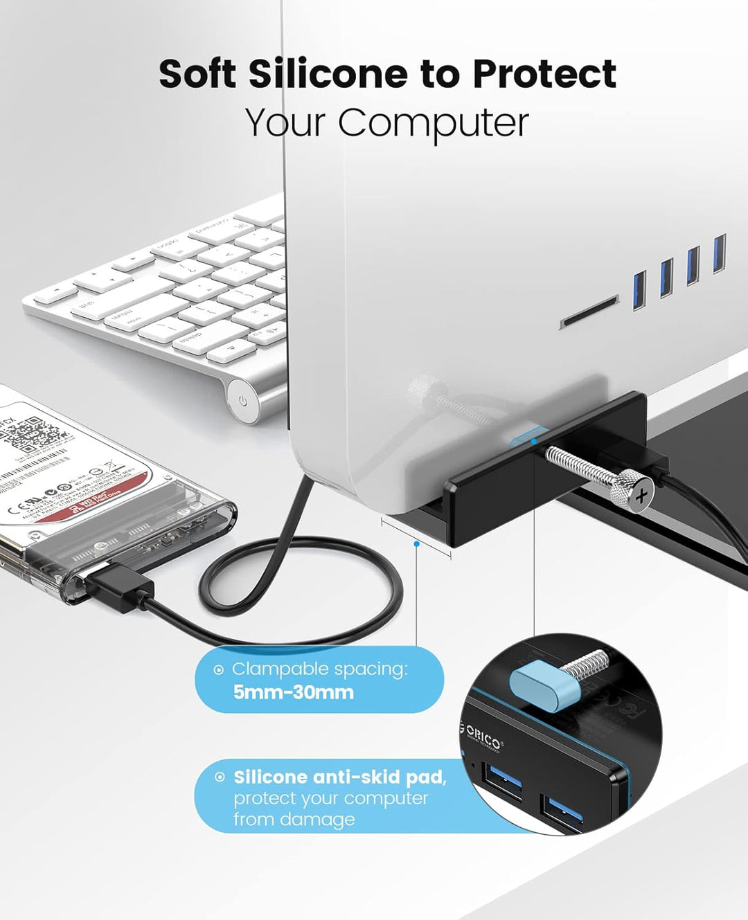ORICO USB Hub Clip-Typ, 4 Port USB 3.0 Hub 5 Gbps Super Speed Mini Aluminum Datenhub Mit 150cm Kabel