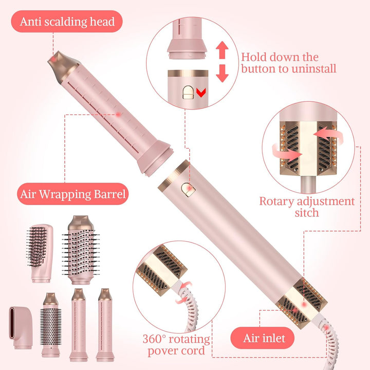 Hairstyler 6 in 1, Professioneller Haarstyler, 110000 U/Min Airstyler Set mit Auto Lockenstäbe, Föhn