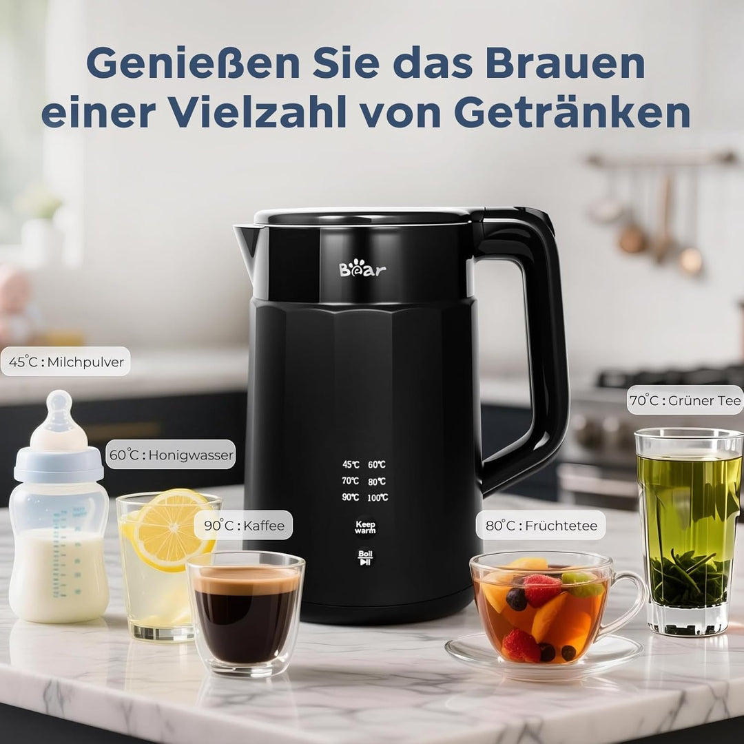 Bear Electric Kettle 1800W-2200W 1.7L 45°C ~ 100°C Kettle with 6 Temperature Controls, Automatic Shu