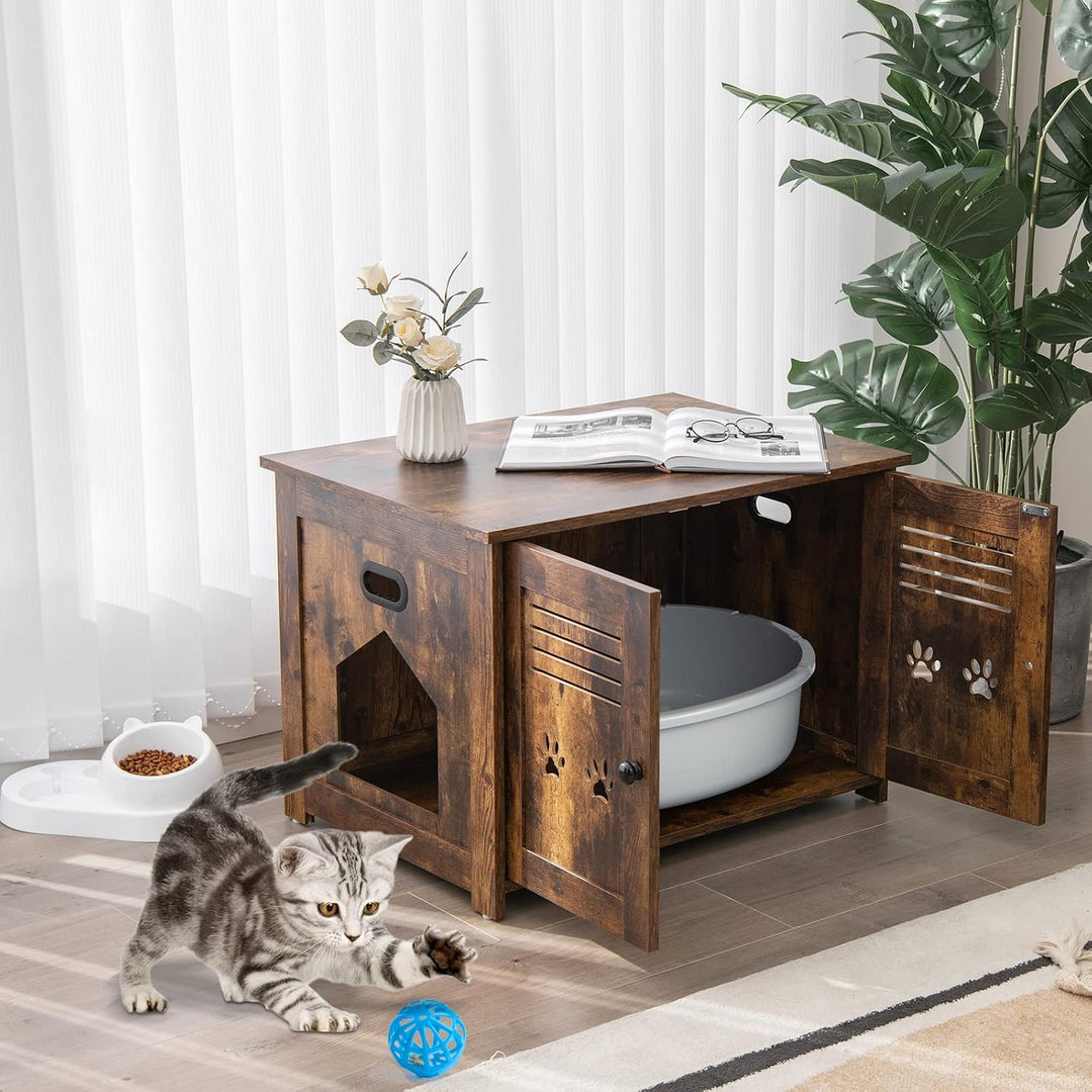 GOPLUS Katzenschrank, Katzentoilette mit seitlichem Eingang, 2 Türen, 2 in 1 Katzenhaus und Couchtis