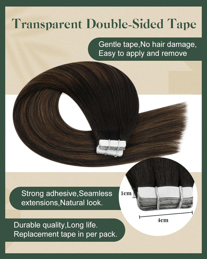 Ugeat 35cm Balayage Tape Extensions Echthaar Haarextension Echthaar Tape Dunkelstes Braun mit Mittel
