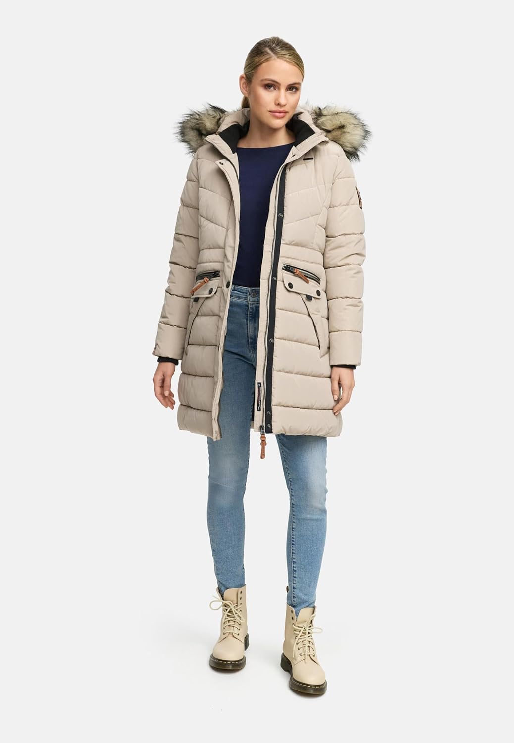 Navahoo Damen Wintermantel warmer Steppmantel lang mit abnehmbarer Kunstfell-Kapuze Paula XS-5XL S L