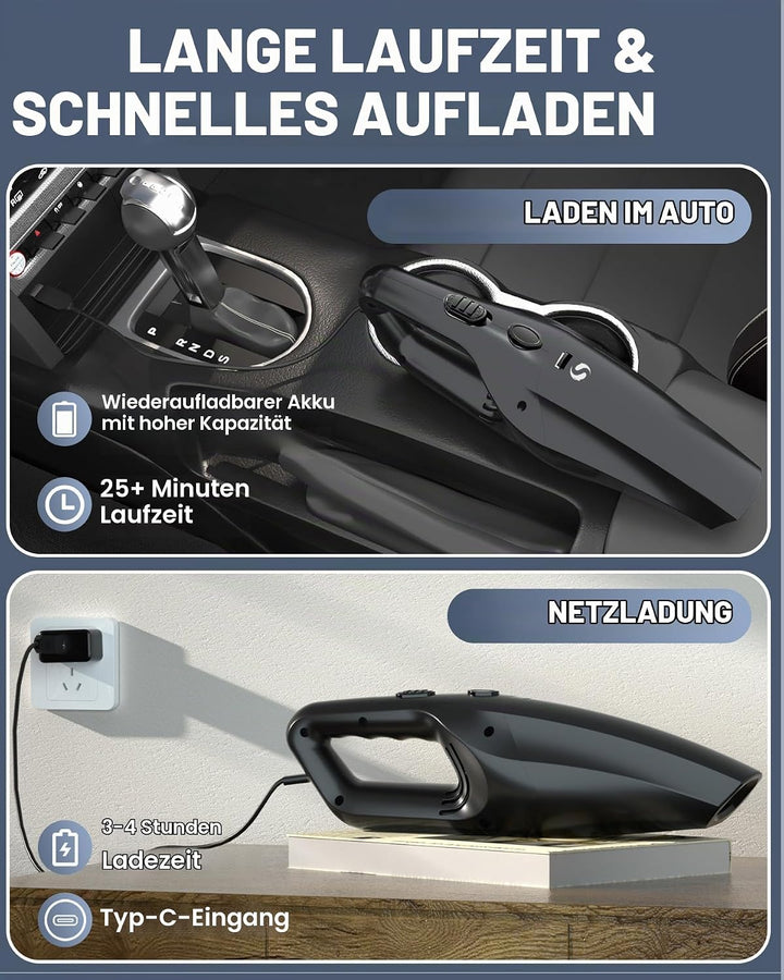 Handstaubsauger Akku, leistungsstarker Autostaubsauger, Mini Staubsauger mit Schnellladung und wasch