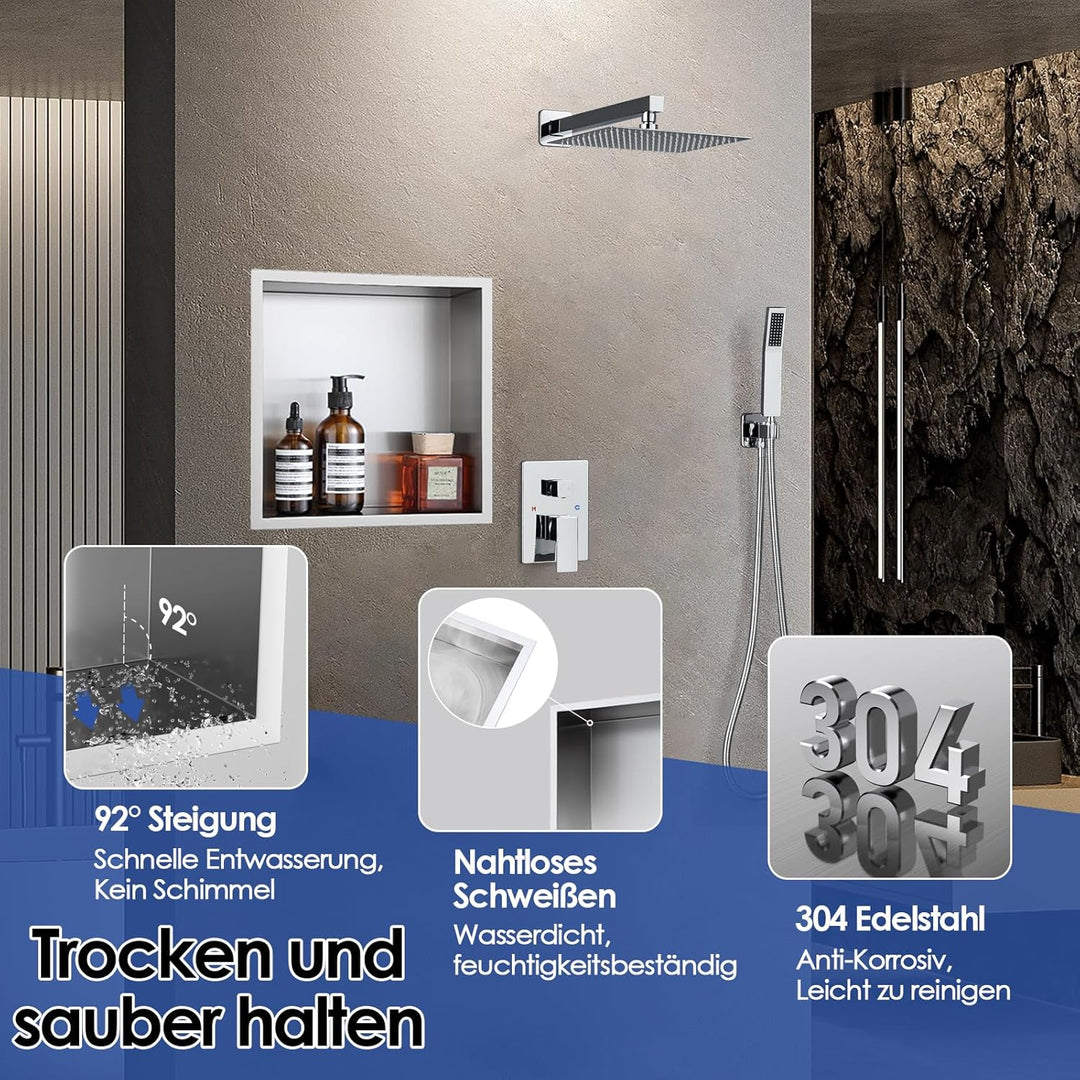 ROVOGO 30x30x10cm Wandnische Dusche Edelstahl 304, Eingebettete Duschnische Einzelregal Lagerung für