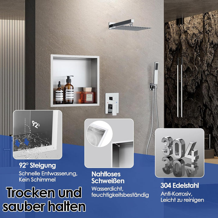 ROVOGO 30x30x10cm Wandnische Dusche Edelstahl 304, Eingebettete Duschnische Einzelregal Lagerung für