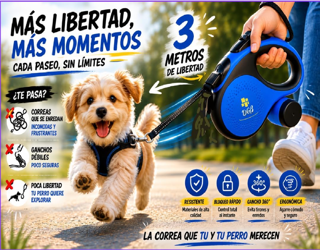 Ausziehbare Leine für kleine Hunde, Blau, bis 15 kg und 3 m (S, Blau) blau S, blau S