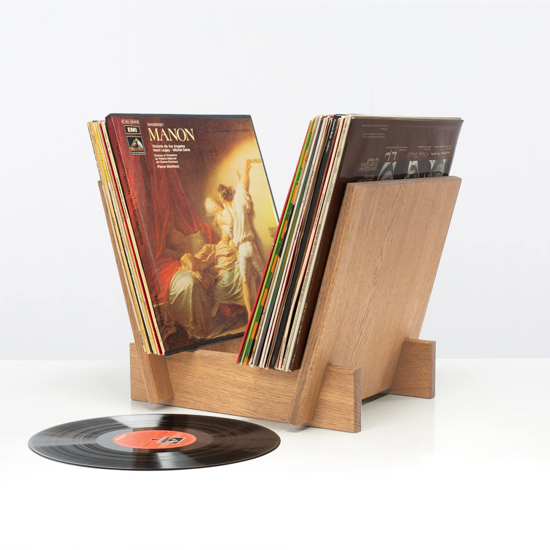 Rikmani Aufbewahrung von Vinylplatten - Schallplatten Halter Regal aus Eiche Massivholz im hochwerti