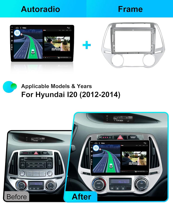 9 Zoll Autoradio für Hyundai I20 (2012-2014) GPS Navigation - Wireless CarPlay Android Auto - Rückfa