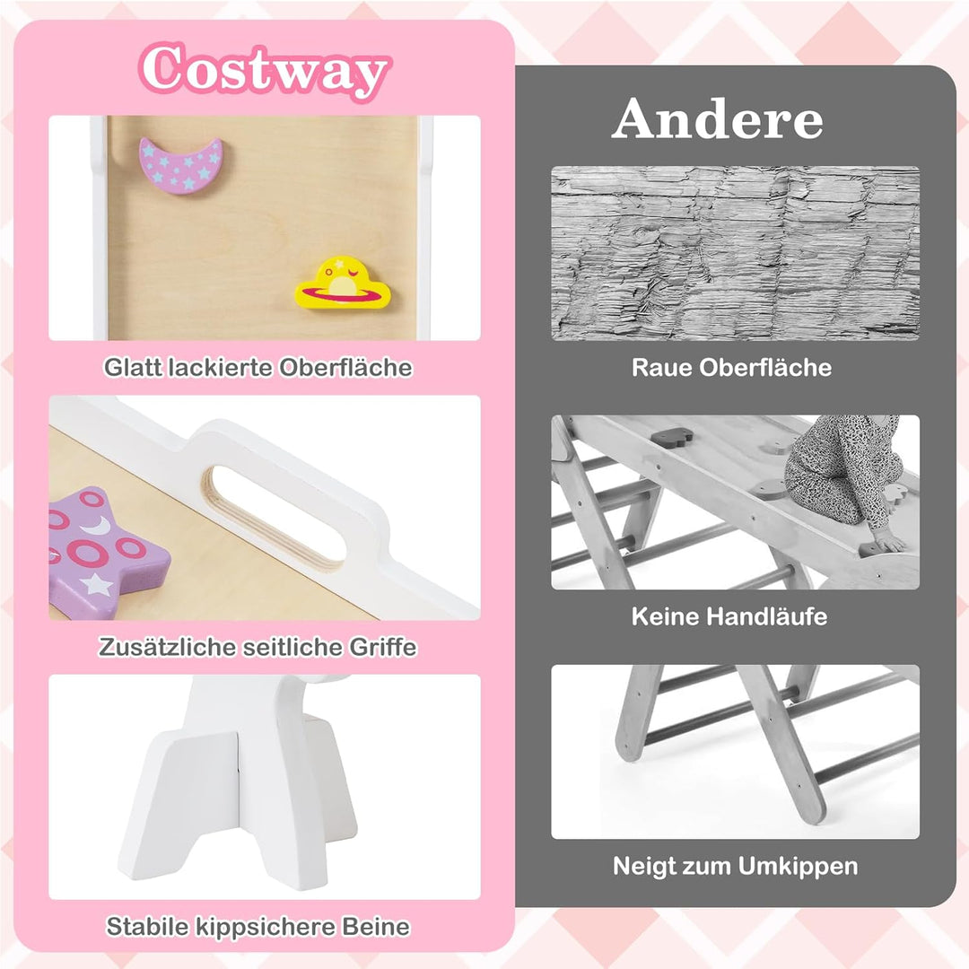 COSTWAY Klettergerüst Indoor 4er Set, klappabres Kletterdreieck mit Rutsche, Kletterbogen, Netz, ink