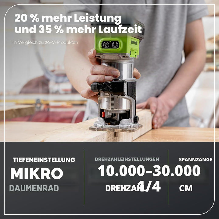 Greenworks Kompakter kabelloser Holzfräser, 24 V, 5 variable Geschwindigkeiten, 30.000 U/min, leicht