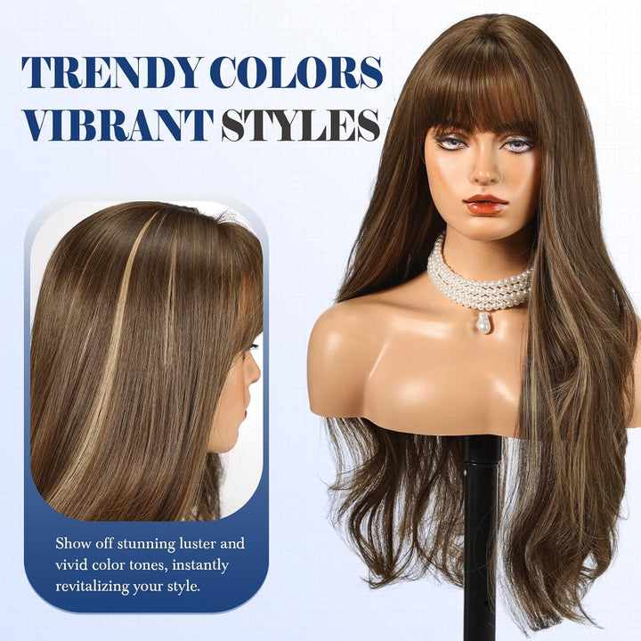 HAIRCUBE Lange braune Perücke mit blonden Strähnchen und Pony, 55,9 cm, gestufte lockige Perücken fü