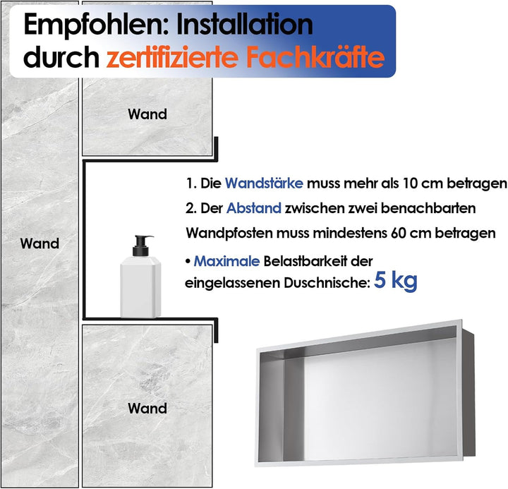 60 x 30 cm Wandnische Dusche, 304 Edelstahl Duschnische Keine Fliesen erforderlich, Wasserfeste Einb