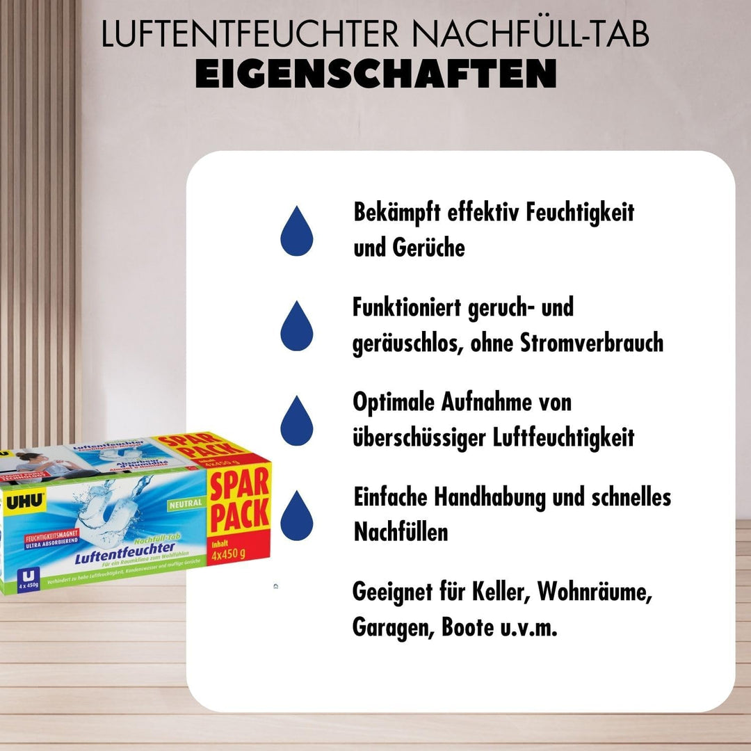 UHU Feuchtigkeitsmagnet Nachfülltab, Innovative Nachfülleinheit für handelsübliche Luftentfeuchter b
