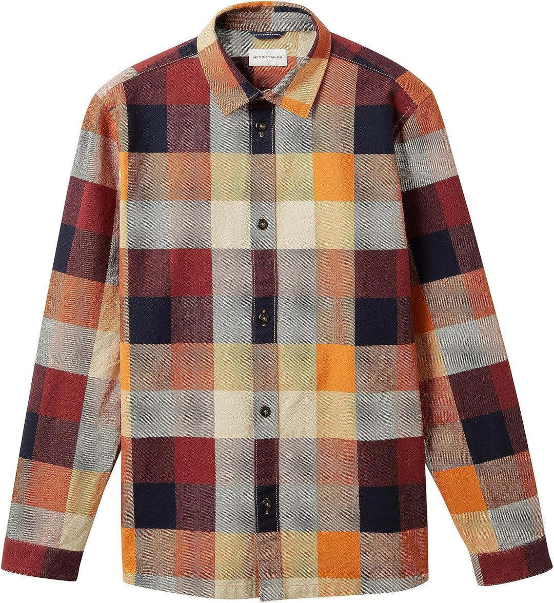 TOM TAILOR Herren Overshirt Hemd mit grossem Karo-Muster aus Baumwolle, 32310 - Orange Colorful Bloc