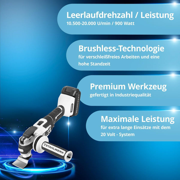 STAHLWERK Oszillierendes Akku-Multifunktionswerkzeug 20 V Akku-System (OMTB-20 ST) – 900 Watt, 10.50
