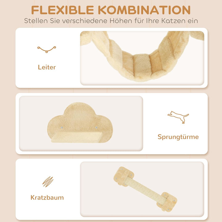 PawHut Kletterwand Katzen, 5-teilig Katzenkletterwand Katzen Wandelemente mit Kratzstamm, Katzenhaus