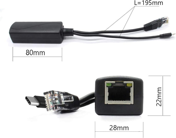 ANVISION PoE-Splitter, 5 V, USB Typ C, 48 V auf 5 V, 2,4 A, IEEE 802.3af-konform. USB C （5V), USB C