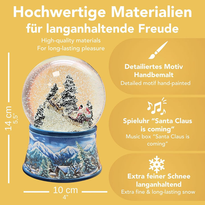 Schneekugel Weihnachten Spieluhr | Weihnachtsmann im Schlitten | Sockel Winterlandschaft hellblau |