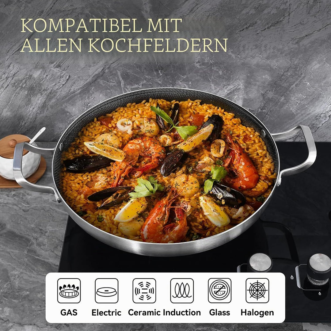 Inqibee dreischichtige Edelstahl-Paellapfanne 36 cm mit Deckel – Antihaft | Pfanne mit Wabenstruktur