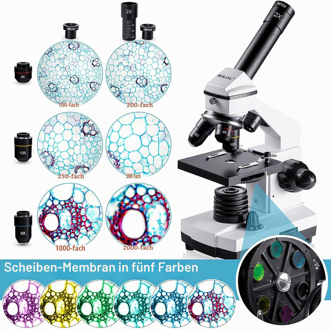 BEBANG 100X-2000X Mikroskop für Kinder Erwachsene, Professionelle Biologische Mikroskope für Student