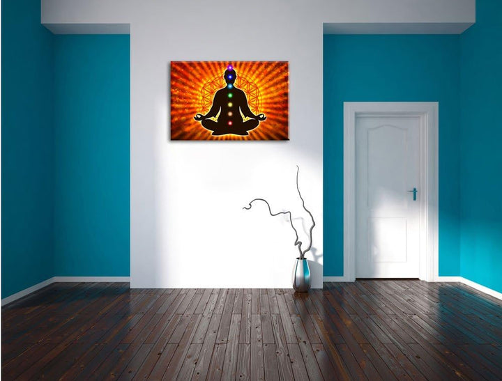 Pixxprint Meditation mit den 7 Chakren / 100x70cm Leinwandbild bespannt auf Holzrahmen/Wandbild Kuns