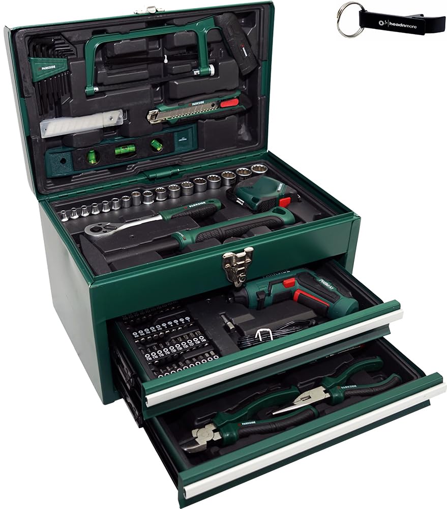HEADNMORE® Bundle - PARKSIDE® Werkzeugset mit Akkuschrauber 92teilig PWBM A1 Metallkoffer +Schlüssel