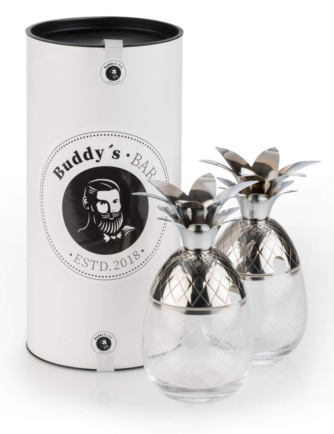 Buddy´s Bar - 2 Ananas Cocktail Becher, 350 ml, Pineapple Mug, hochwertiger Edelstahl-Becher mit Gla