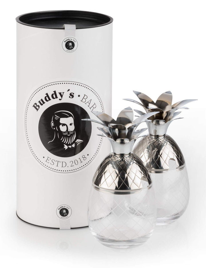Buddy´s Bar - 2 Ananas Cocktail Becher, 350 ml, Pineapple Mug, hochwertiger Edelstahl-Becher mit Gla