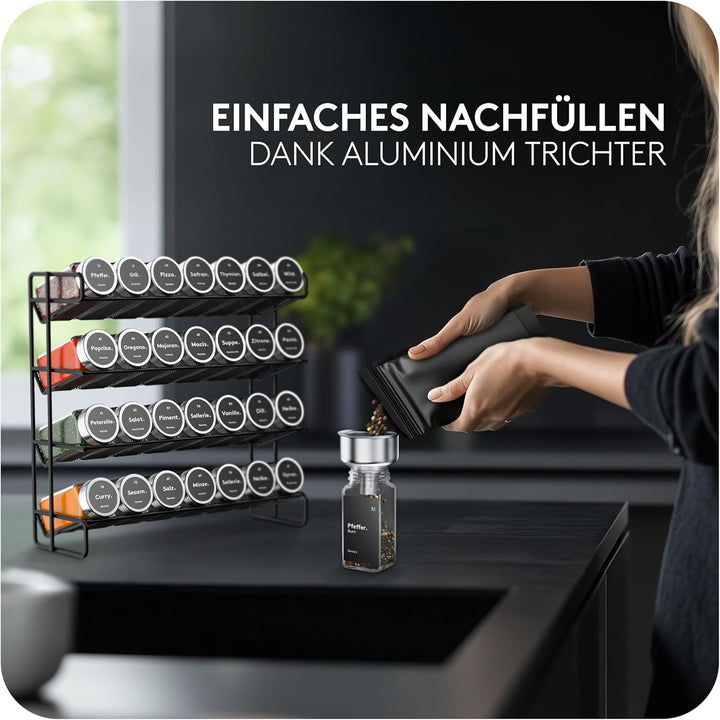 Gewürzgläser Set Schwarz [24 Stück] Eckig mit Streueinsatz | Inklusive 240 Etiketten + Acrylstift +