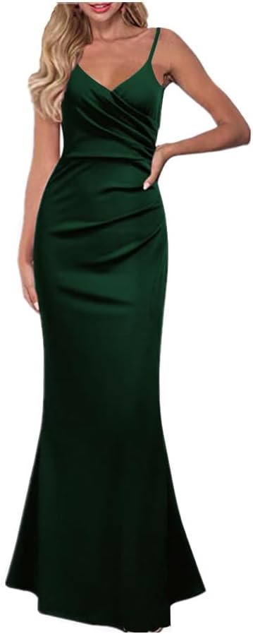 QKEPCY Damen Bodycon Maxikleid Sexy Lounge Slip Langes Kleid Elegant V-Ausschnitt Ärmellos Figurbeto