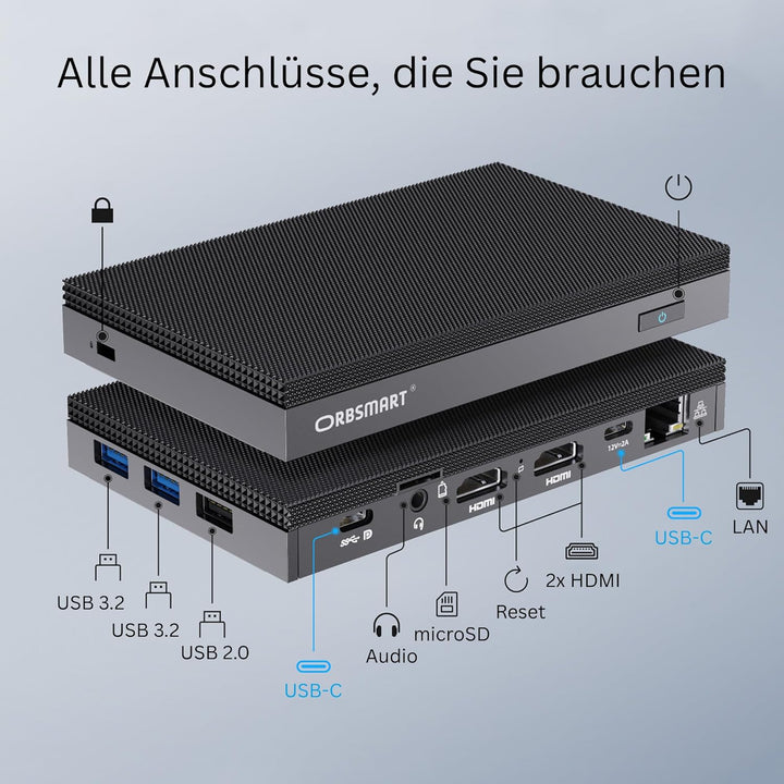 Orbsmart AW-16L Lüfterloser Mini PC mit Intel N150, 16GB RAM & 512GB SSD | Windows 11 Pro, 4K Triple