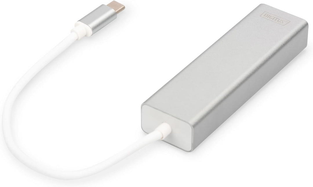 DIGITUS USB 3.0 Typ C 3-Port Hub mit Gigabit Ethernet Adapter, 3x USB A, 1x RJ45 LAN, Silber USB 3.0