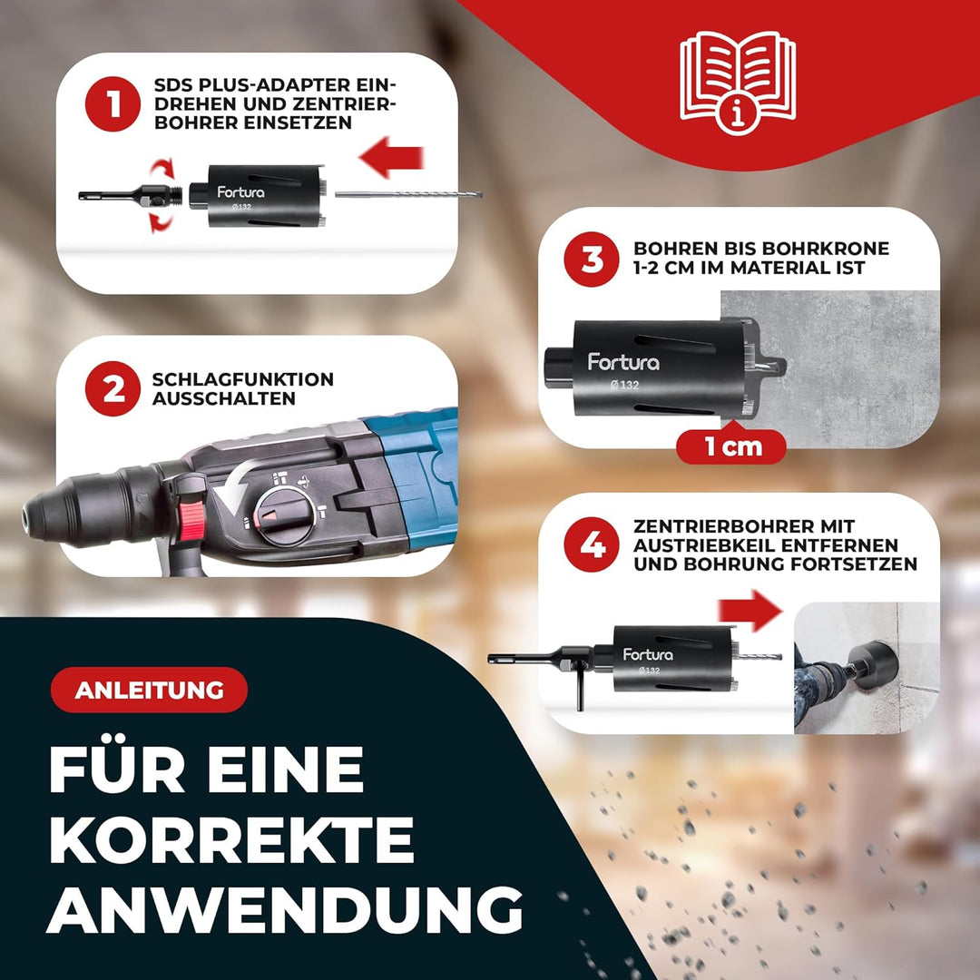 Fortura® Kernbohrer/Bohrkrone Ø42-162mm / 200mm Länge/SDS Plus/Dosenbohrer/Diamantbohrkrone/Bohrkron