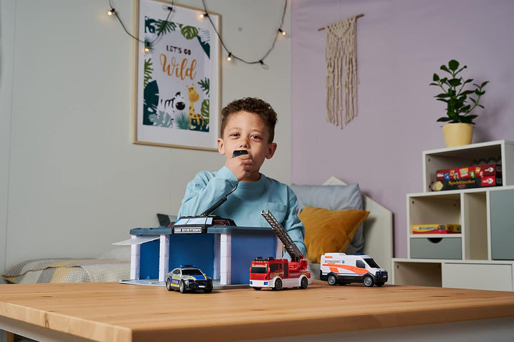Dickie Toys SOS Rettungsstation mit Polizei, Feuerwehr und Krankenwagen, Station mit Licht & Sound,