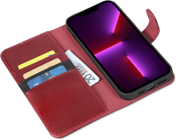 LENSUN Echtleder Hülle für iPhone 13 Pro, Handyhülle Flip Cover [Echtes Leder][Kartenfach][RFID Schu