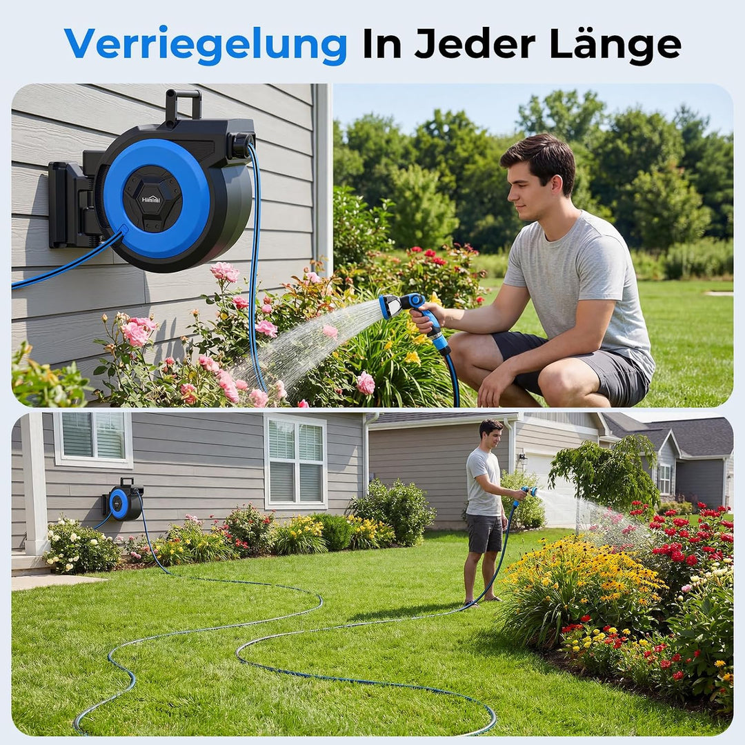 Himimi Schlauchtrommel 30m + 2m Wand-Schlauchbox, 180° Schwenkbar Gartenschlauch Aufroller, Wasser S