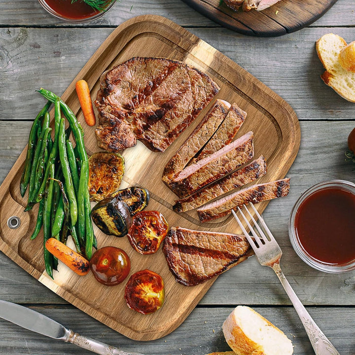 6er Set Steakbretter aus Akazienholz, Holz Steak Servierbrett mit Saftk, Küche Schneidebrett Steakte