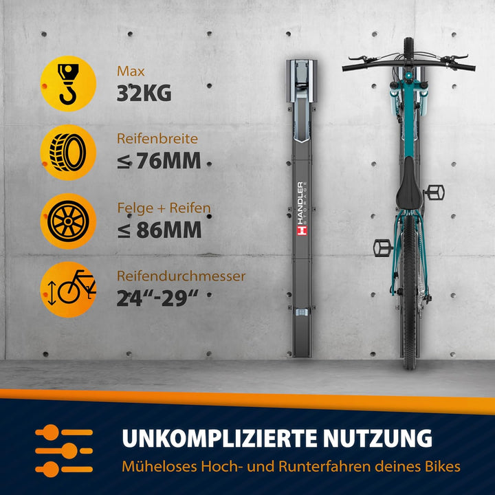 HANDLER Storage Fahrradlift, Vertikale Wandhalterung in grau für E-Bikes &amp; Fahrräder bis 32kg, Platz