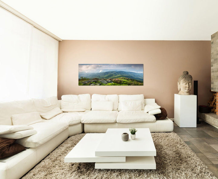 Paul Sinus Art Panoramabild auf Leinwand und Keilrahmen 150x50cm Landschaft Berge Wiese Wolkenhimmel