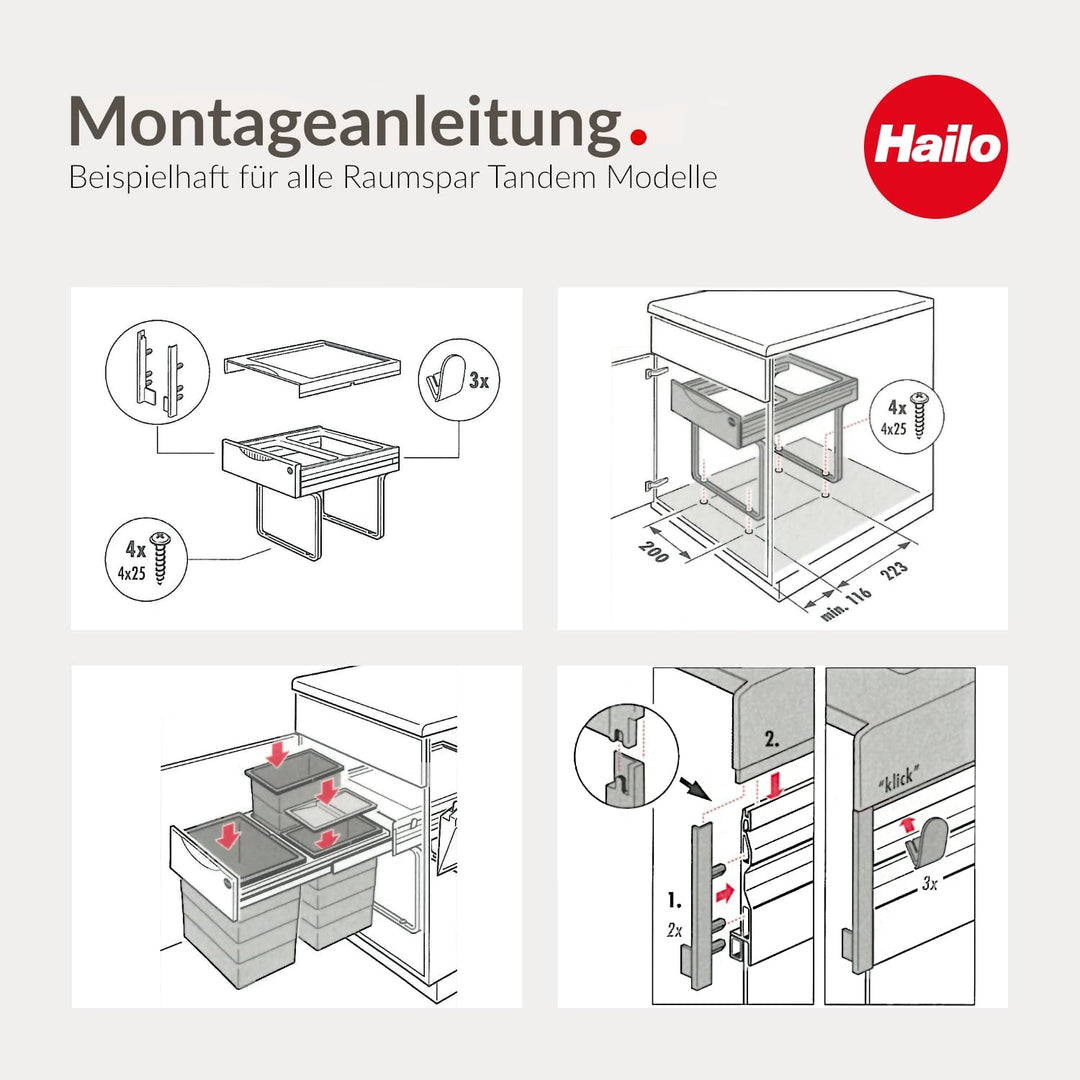 Hailo Abfallsammler 3643141 | 4x 8,5 Liter | Einbau Mülleimer für 40 cm Unterschrank | Mülltrennsyst
