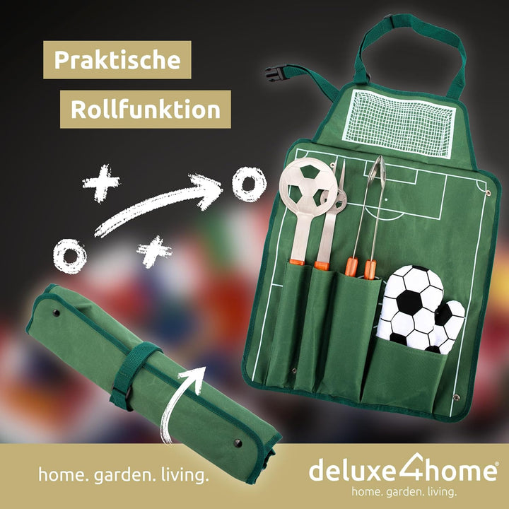 deluxe4home® Grillbesteck im Fussball-Look I Grillset inkl. Grillzange Grillwender Grillschürze Gril