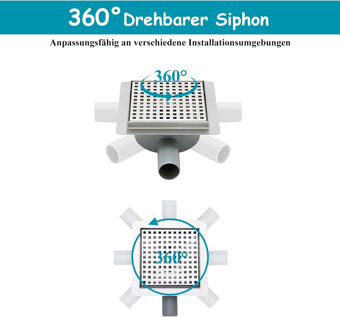 150 x 150 mm Bodenablauf Dusche Edelstahl Duschrinne mit 360° Siphon, Geruchsverschluss, Haarsieb un