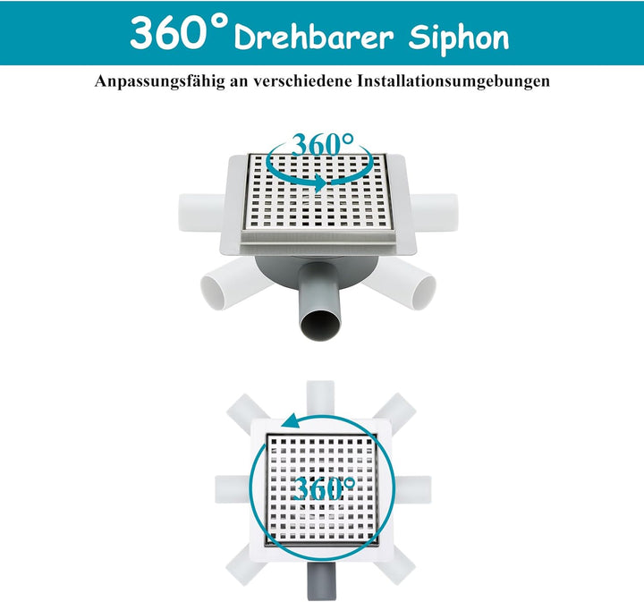 150 x 150 mm Bodenablauf Dusche Edelstahl Duschrinne mit 360° Siphon, Geruchsverschluss, Haarsieb un
