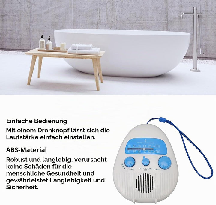 Tragbares Duschradio, batteriebetriebenes AM FM Radio, wasserdichtes Badezimmerradio mit eingebautem