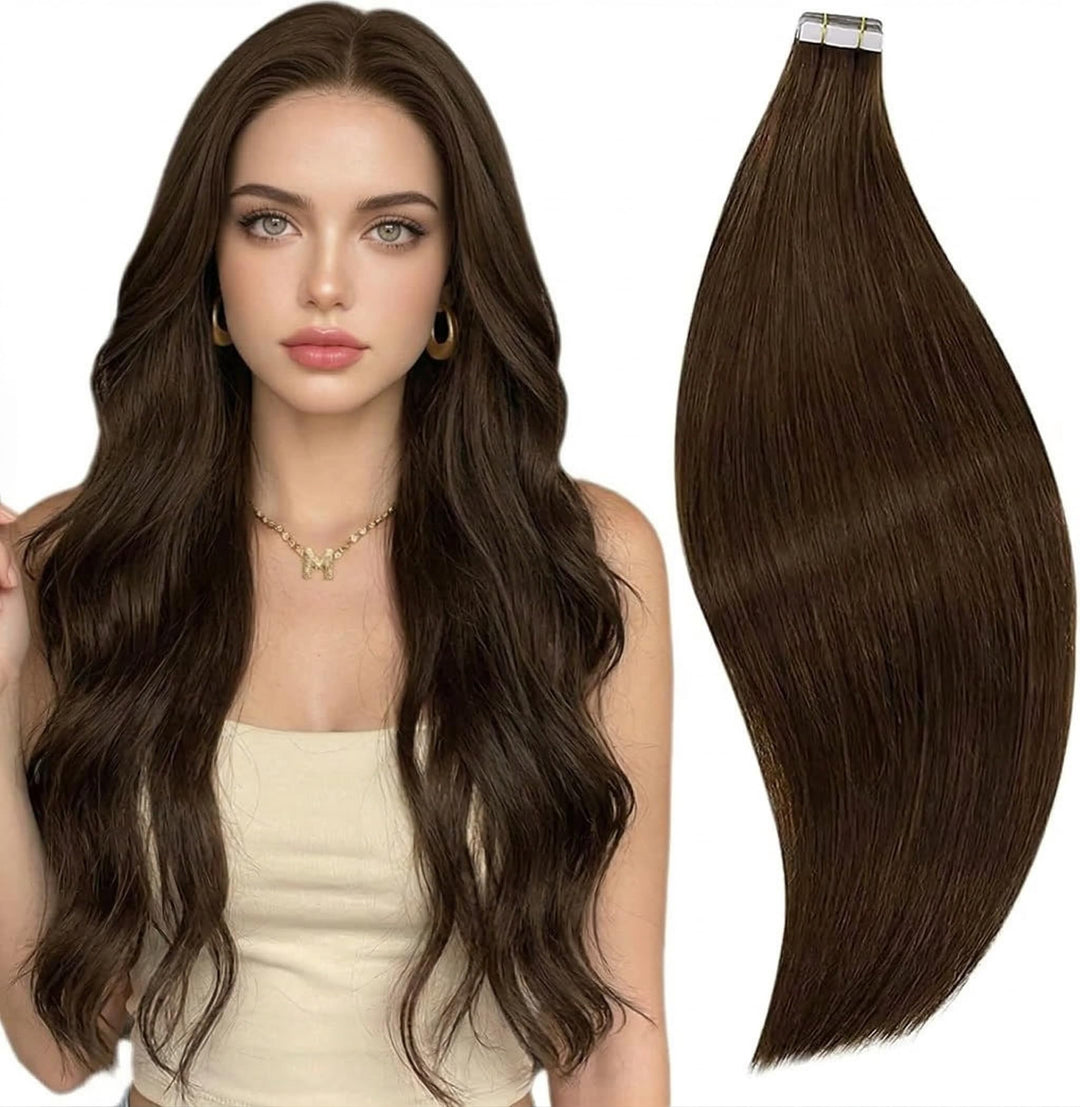 RUNATURE Tape Extensions Echthaar Braun Haarverlangerung 30cm 12 Zoll Skin Weft Tape in Echthaar Ext