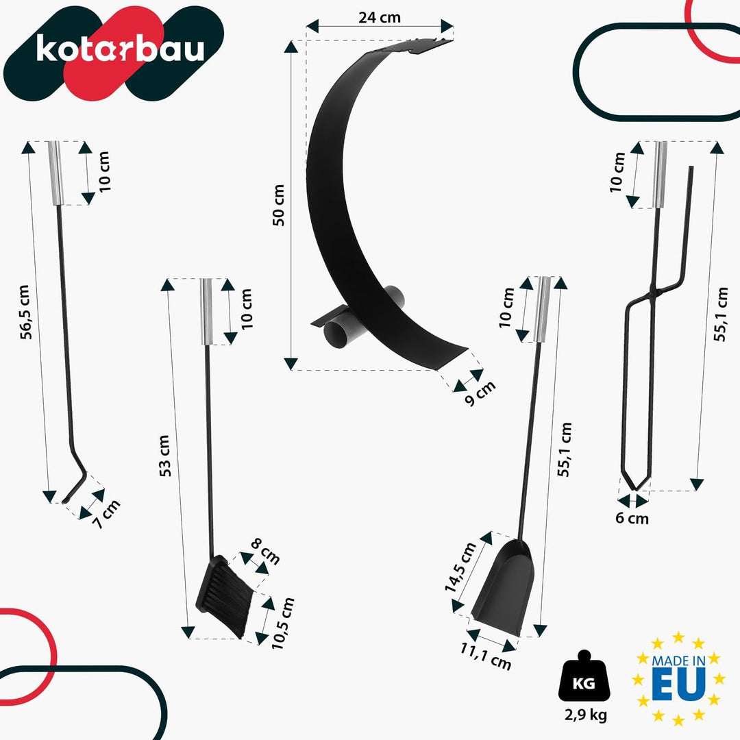 KOTARBAU® Kaminbesteck Schwarz Modern Ofenbesteck Stahl Kaminofen Zubehör Kamingarnitur Set Bürste S